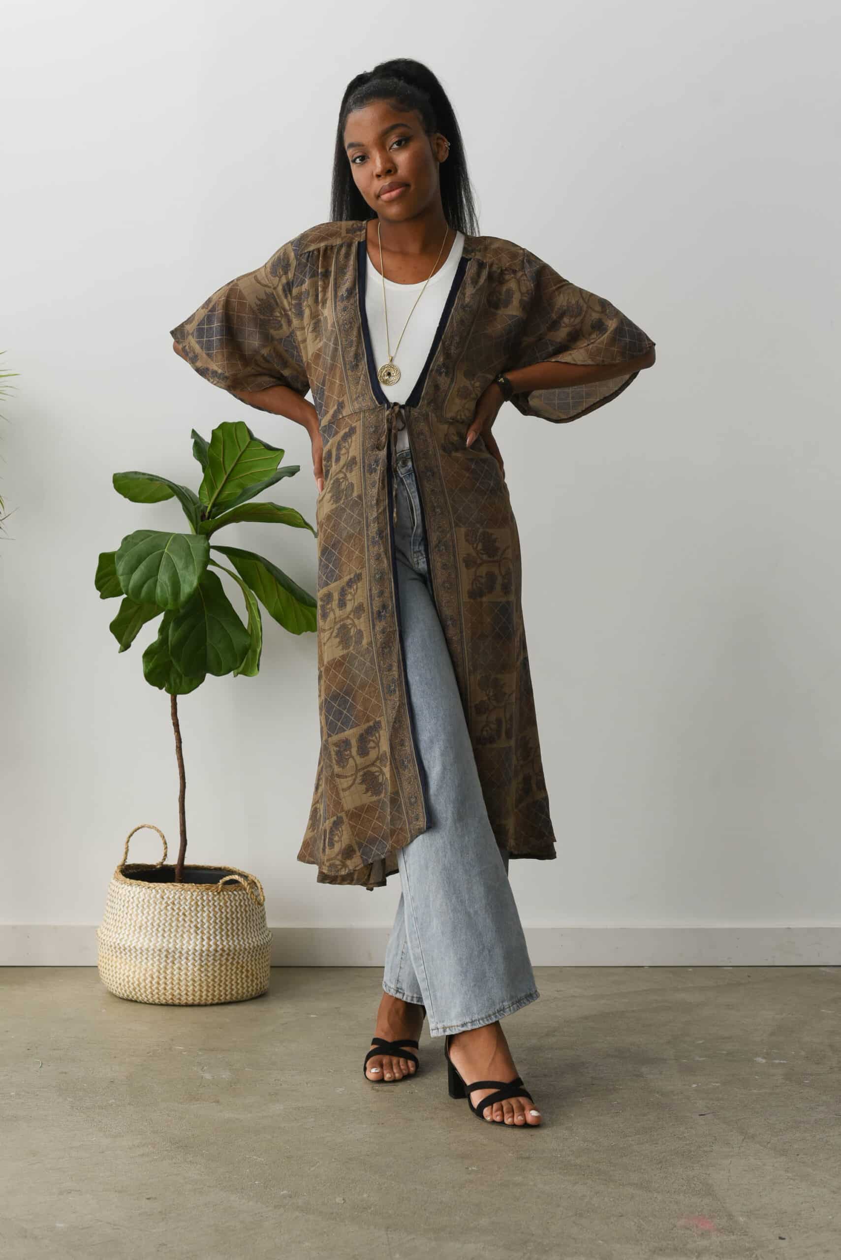 Modern White Oversized Print Silk Robe Dresses Summer SD1033